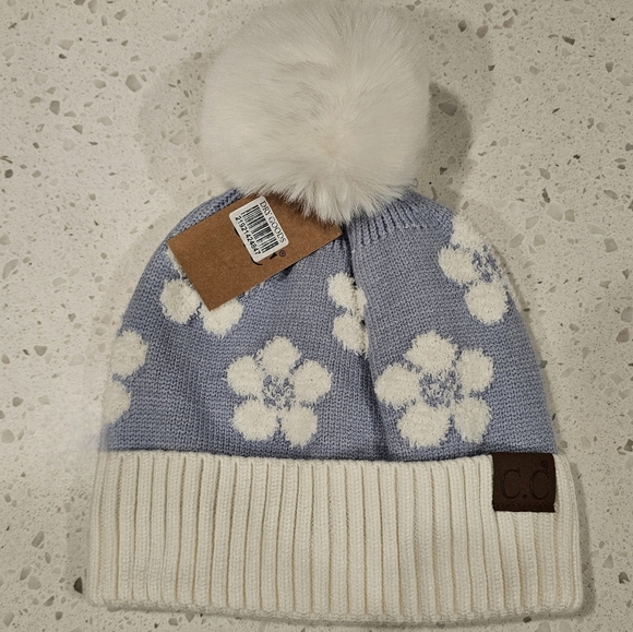 New C.C Women's Flowered Beanie with Pom - Picture 1 of 5